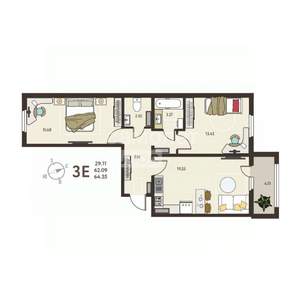 2-к квартира, вторичка, 64м2, 2/18 этаж
