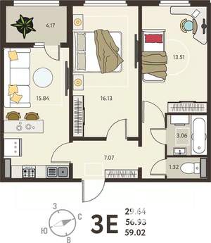 2-к квартира, вторичка, 59м2, 13/18 этаж