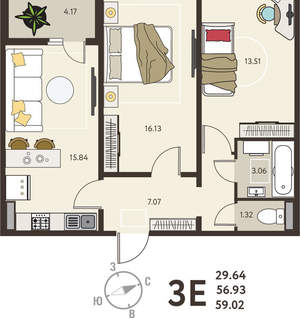 2-к квартира, вторичка, 59м2, 6/18 этаж