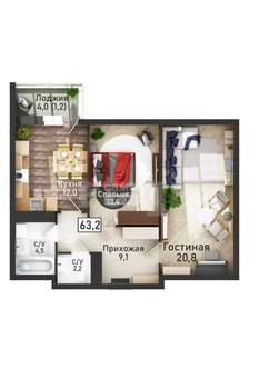 2-к квартира, вторичка, 63м2, 16/21 этаж