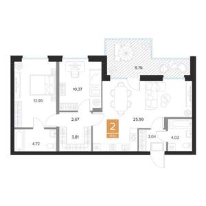 2-к квартира, строящийся дом, 72м2, 9/9 этаж