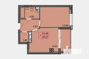 1-к квартира, строящийся дом, 45м2, 7/8 этаж