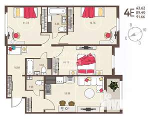 3-к квартира, вторичка, 90м2, 10/17 этаж