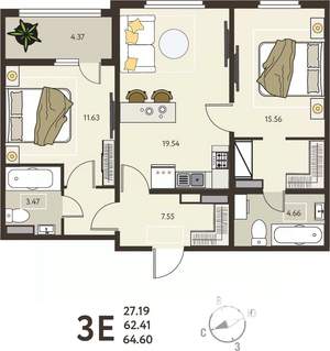 2-к квартира, вторичка, 65м2, 10/18 этаж