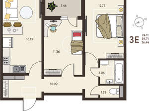 2-к квартира, вторичка, 56м2, 5/18 этаж