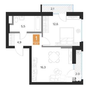 1-к квартира, вторичка, 41м2, 13/16 этаж
