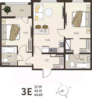 2-к квартира, вторичка, 65м2, 6/18 этаж